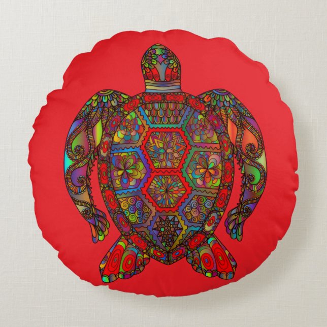 Vibrant Turtle Red Decorative Pillow Rond Kussen (Voorkant)