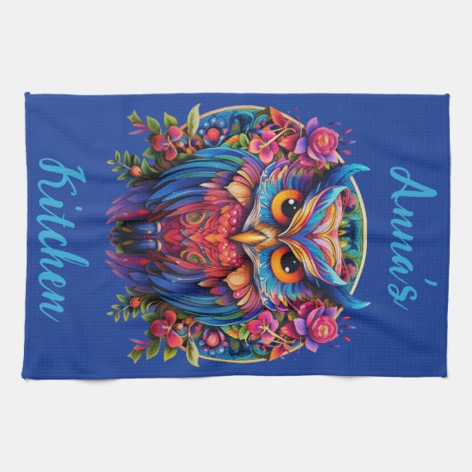 Vibrant Uil - Kleurrijke Boho w / Aangepaste naam Theedoek (Horizontaal)