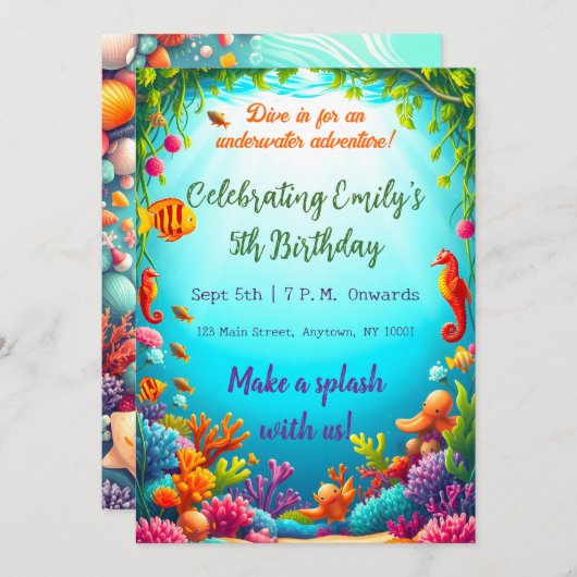 Vibrant Underwater Ocean Verjaardag Uitnodiging (Voorkant / Achterkant)