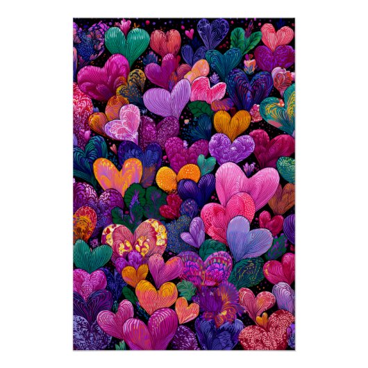 Vibrant Valentine Poster – Fantasy Hearts Design  (Voorkant)
