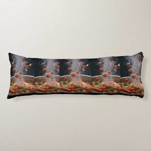 Vibrant Veggie Explosion Art – Dynamic Boiling Pot Lichaamskussen (Voorkant)