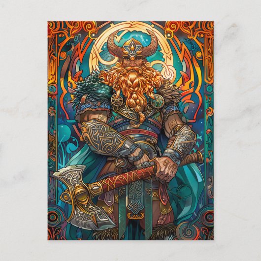Vibrant Viking Warrior met Axe Norse Mythology Co Briefkaart (Voorkant)