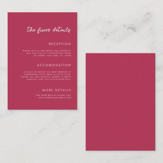Vibrant Viva Magenta Fuchsia Details bruiloft Informatiekaartje (Voorkant / Achterkant)