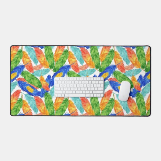 Vibrant Watercolor Feather Pattern Bureaumat (Keyboard & Muis)