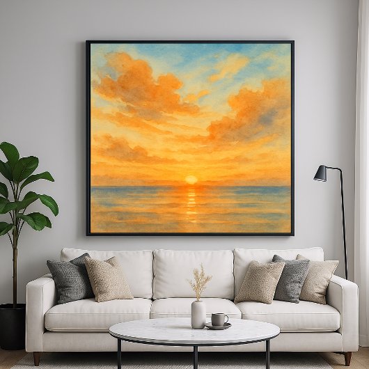 Vibrant Watercolor Style Sunset Seascape Poster