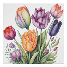 Vibrant Watercolor Tulip Bouquet  Perfect Poster
