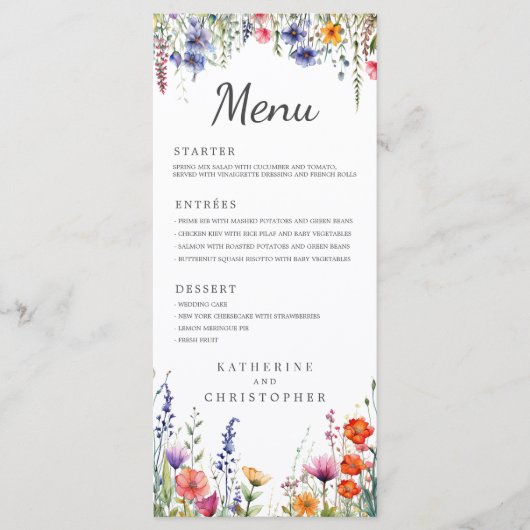 Vibrant Watercolor Wildflowers Elegant Wedding Menu (Voorkant)