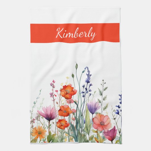 Vibrant Watercolor Wildflowers Personalized Theedoek (Verticaal)