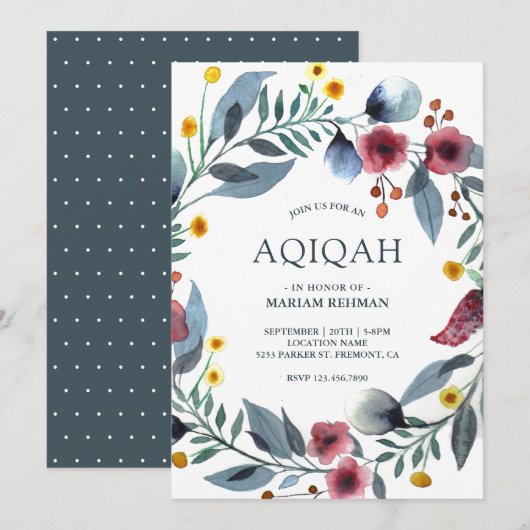 Vibrant Waterverf Floral Wreath Aqiqah Kaart (Voorkant / Achterkant)