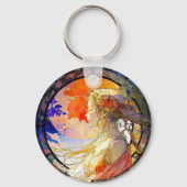 Vibrant Waterverf Girl Round Sleutelhanger (Achterkant)