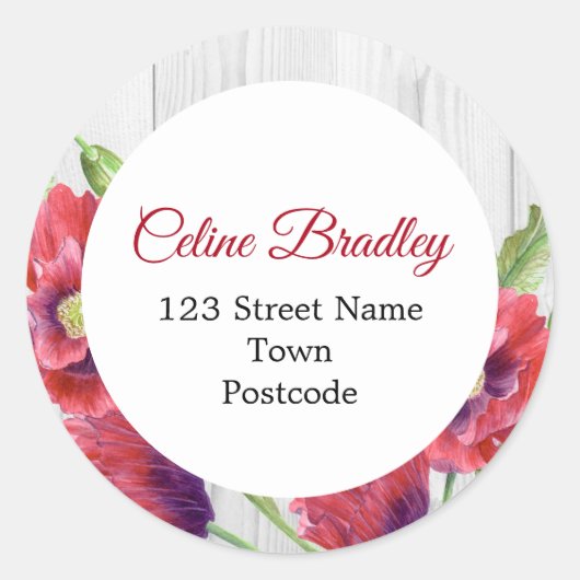 Vibrant Waterverf Red Poppies Rustisch adres Ronde Sticker (Voorkant)