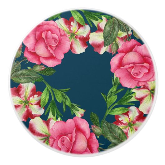 Vibrant Waterverf Roze Floral Wreated Illustratie Keramische Knop (Voorkant)