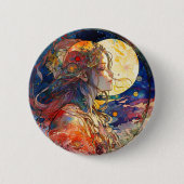 Vibrant Waterverf van Girl en Moon Button (Voorkant)