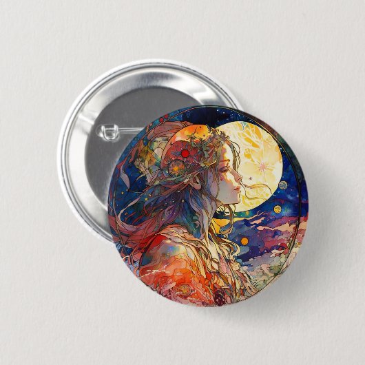 Vibrant Waterverf van Girl en Moon Button (Voorkant /achterkant)