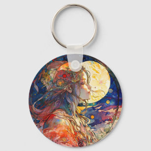 Vibrant Waterverf van Girl & Moon Sleutelhanger