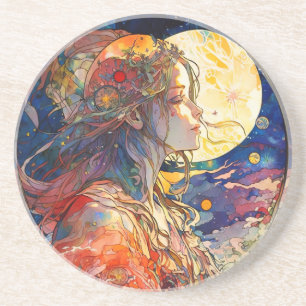 Vibrant Waterverf van meisje en maan Zandsteen Onderzetter