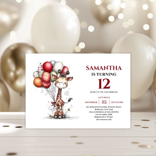 Vibrant whimsical giraffe kids birthday invite kaart