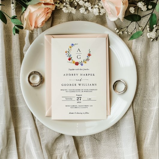 Vibrant Wildflower Crest Wedding Invitation Kaart