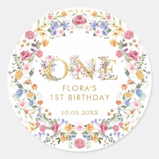 Vibrant Wildflower Garden Wreate 1e verjaardag mei Ronde Sticker (Voorkant)