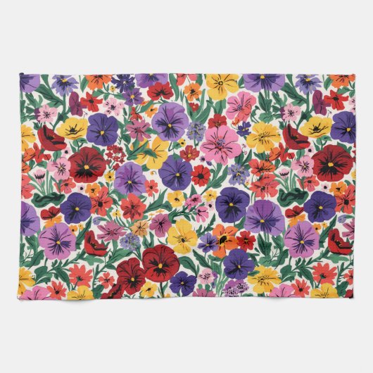 Vibrant Wildflower Pansy Botanical Pattern Theedoek (Horizontaal)