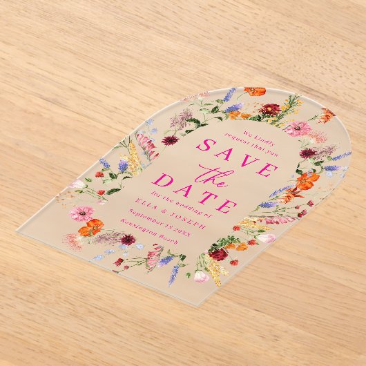 Vibrant Wildflowers Frosted Wedding Save The Date Acryl Uitnodigingen (Laagn)