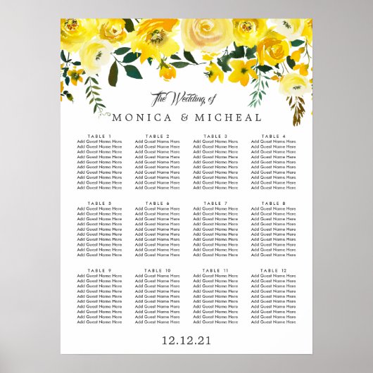 Vibrant Yellow Flower Wedding Seating Chart Poster (Voorkant)