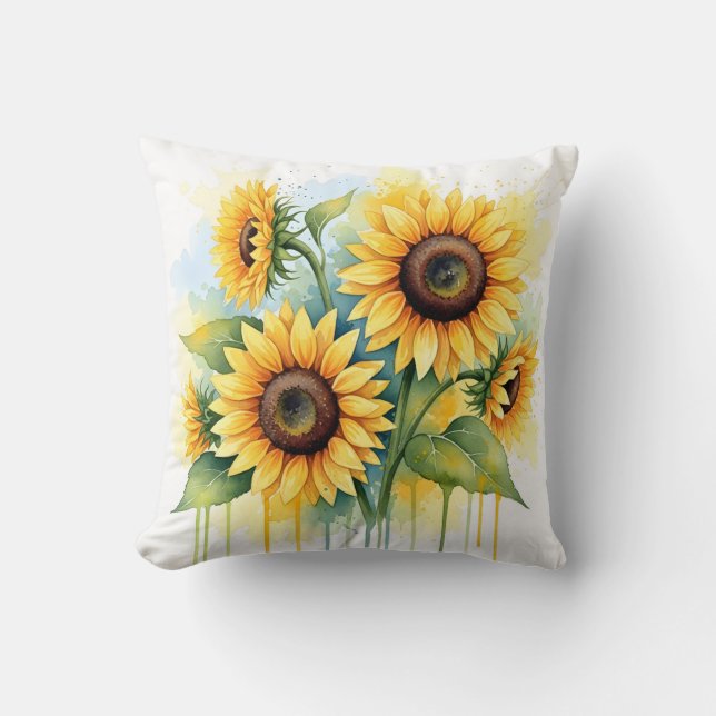Vibrant Yellow Sunflower Watercolor Drip Kussen (Voorkant)