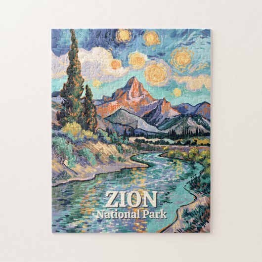 Vibrant Zion River Sunset Retro Van Gogh Watchman Legpuzzel (Verticaal)