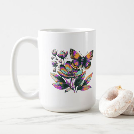 Vibrantes Schmetterlingsblumenmotiv Koffiemok (Met donut)