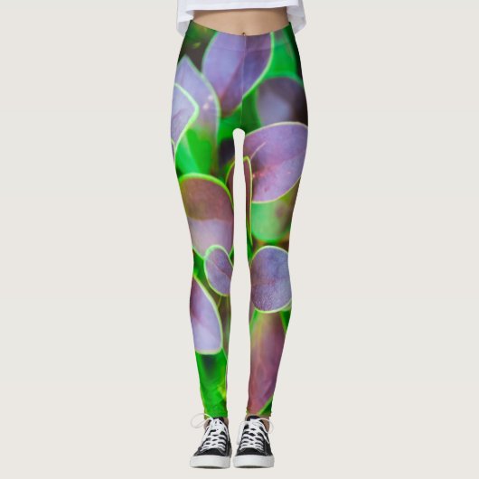 Vibrantgroene en paarse bladeren leggings (Voorkant)
