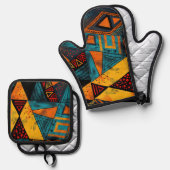 Vibrantly colorful triangles with tribal patterns ovenwant & pannenlap set (Voorkant / Achterkant)