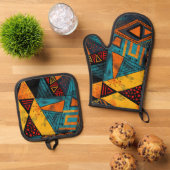 Vibrantly colorful triangles with tribal patterns ovenwant & pannenlap set (Top down)