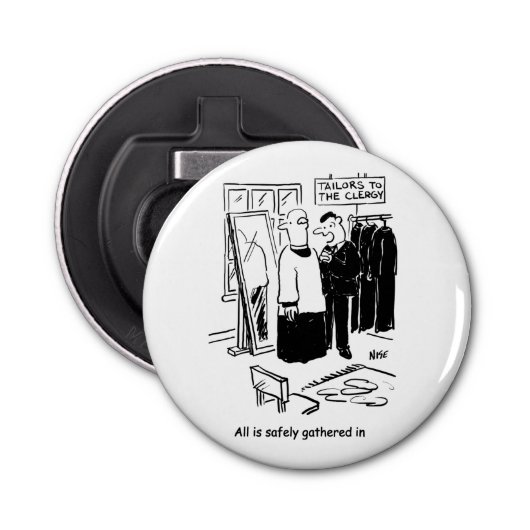 Vicar heeft een Cassock Fitting Church Cartoon Button Flesopener (Voorkant)