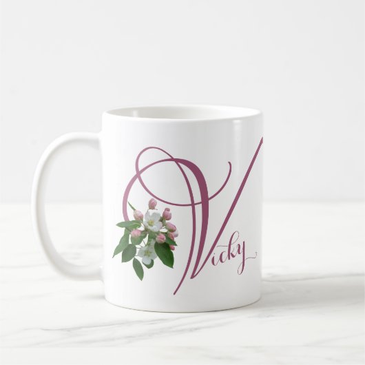  Vicky naam monogram schattig roze bloemen Koffiemok (Links)