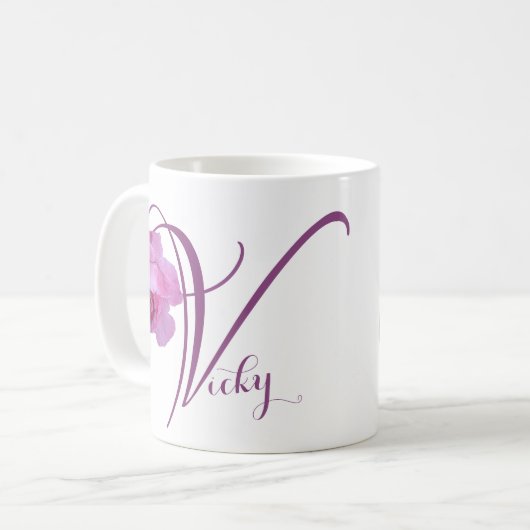  Vicky naam  roze roos bloemen Koffiemok (Voorkant links)