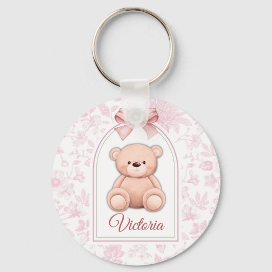 Victoria | Aangepaste Roze Teddybeer Nursery Desig Sleutelhanger (Voorkant)