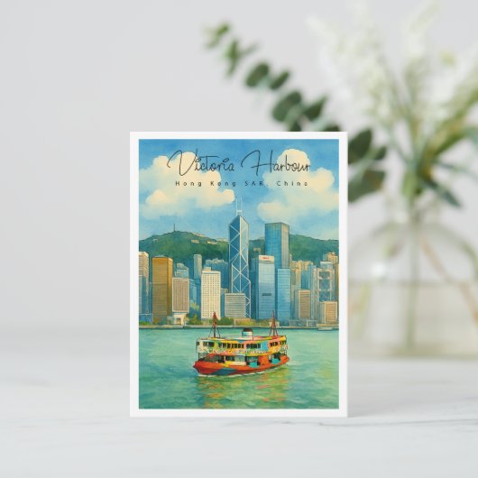 Victoria Harbour Hong Kong Retro Reizen Feestdagenkaart (Staand voorkant)