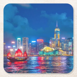 Victoria Harbour & Hong Kong Skyline bij nacht Kartonnen Onderzetters