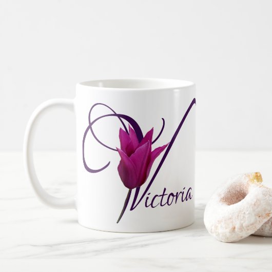  Victoria naam paarse tulp bloemen Koffiemok (Met donut)