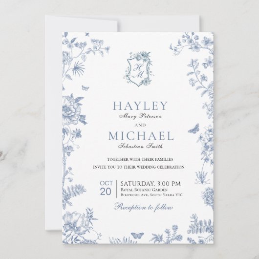 VICTORIA Regency Blau Franse Tuin Trouw Uitnodigin Kaart (Voorkant)