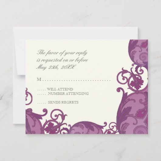 Victoria Swirl RSVP-reactiekaart - Plum Paars RSVP Kaartje (Voorkant)