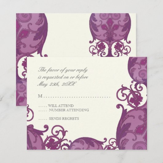 Victoria Swirl RSVP-reactiekaart - Plum Paars RSVP Kaartje (Voorkant / Achterkant)