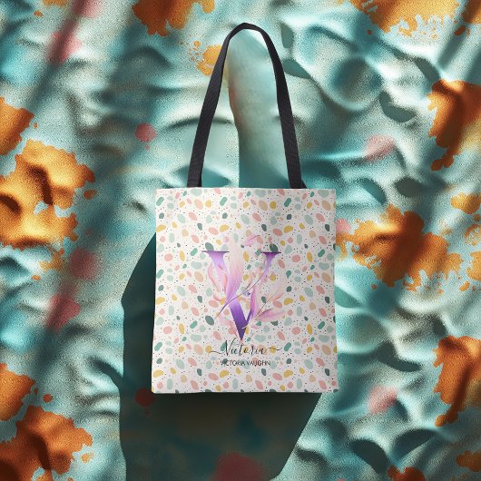 Victoria Vivid Blossom - Boho Floral Monogram V Tote Bag