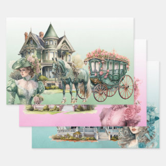 Victoriaans 3 stuk cadeauverpakking set inpakpapier vel