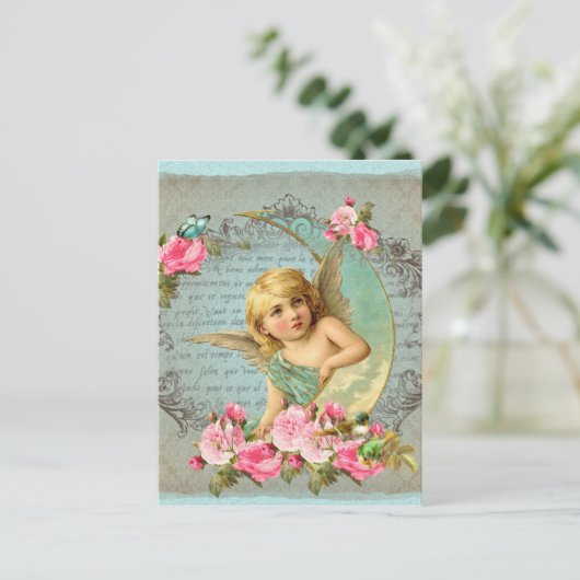 Victoriaans Angel  blauw roos roze antiek Briefkaart (Staand voorkant)