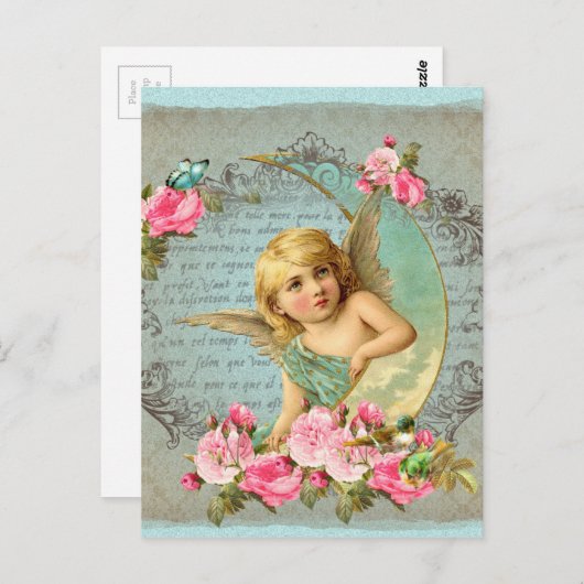 Victoriaans Angel  blauw roos roze antiek Briefkaart (Voorkant / Achterkant)