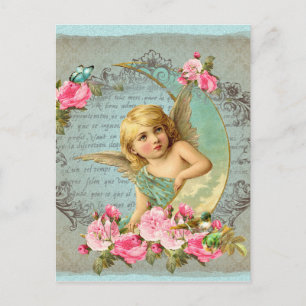 Victoriaans Angel  blauw roos roze antiek Briefkaart