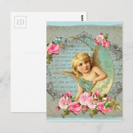 Victoriaans Angel  blauw roos roze antiek Briefkaart (Voorkant / Achterkant)