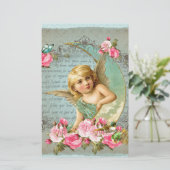 Victoriaans Angel blauw roos roze antiek Briefpapier (Staand voorkant)