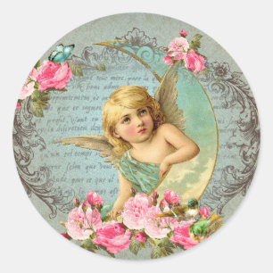 Victoriaans Angel blauw roos roze antiek Ronde Sticker
